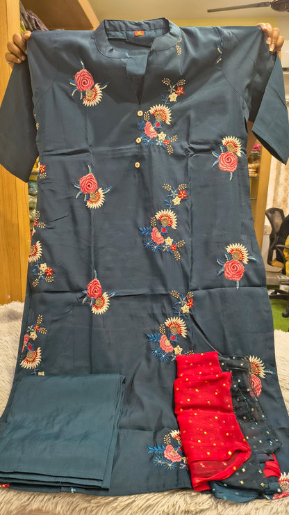 Flower Embroidery Kurti Set - 3 Piece