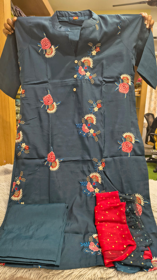 Flower Embroidery Kurti Set - 3 Piece