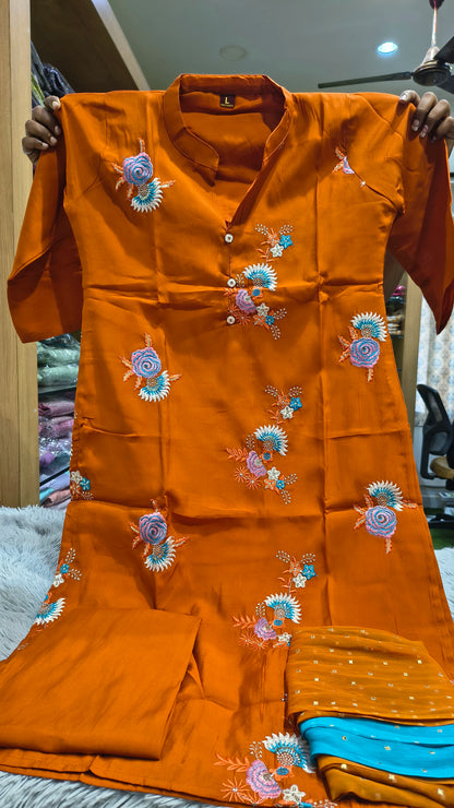 Flower Embroidery Kurti Set - 3 Piece