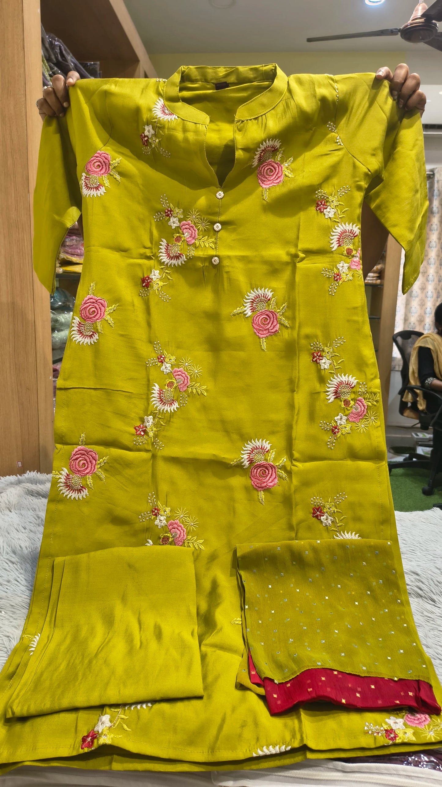 Flower Embroidery Kurti Set - 3 Piece