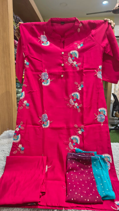 Flower Embroidery Kurti Set - 3 Piece