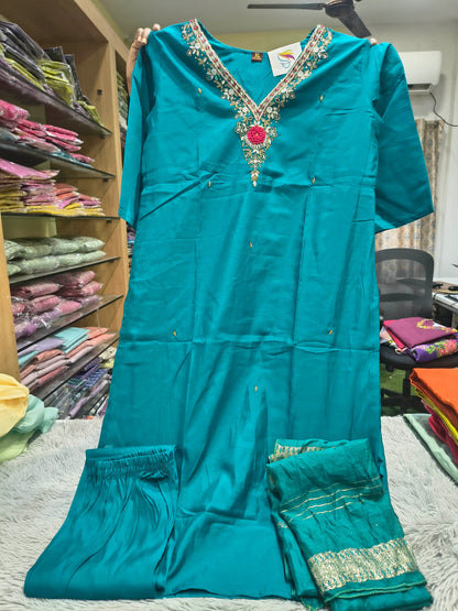 Rose V Neck Hand Work 3 Piece Set
